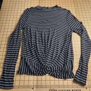 Black White Striped Mock Neck Twist Front Long Sleeve Top XS PF844972STKL